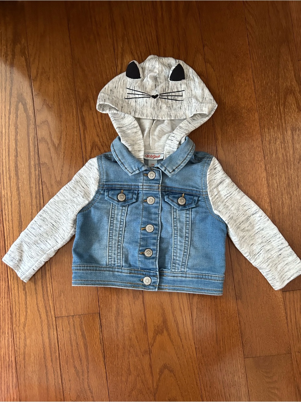 Cat & Jack Blue Denim Jean Jacket with Heather Gray Cat Ears Hood Size 12M